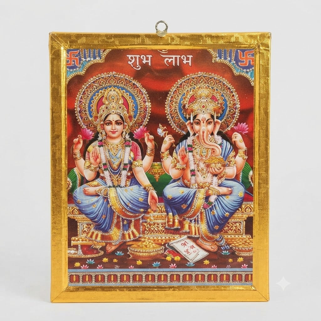 Shubh Labh Blue Attire Goddess Lakshmi & Lord Ganesha – Auspicious Wall Art for Home Mandir & Office