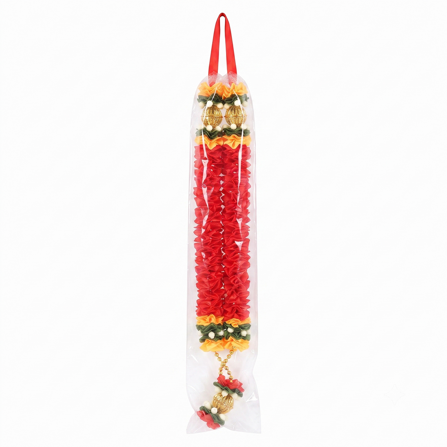 Handmade Traditional Red Fabric Flower Mala with Golden Accents Pooja Décor