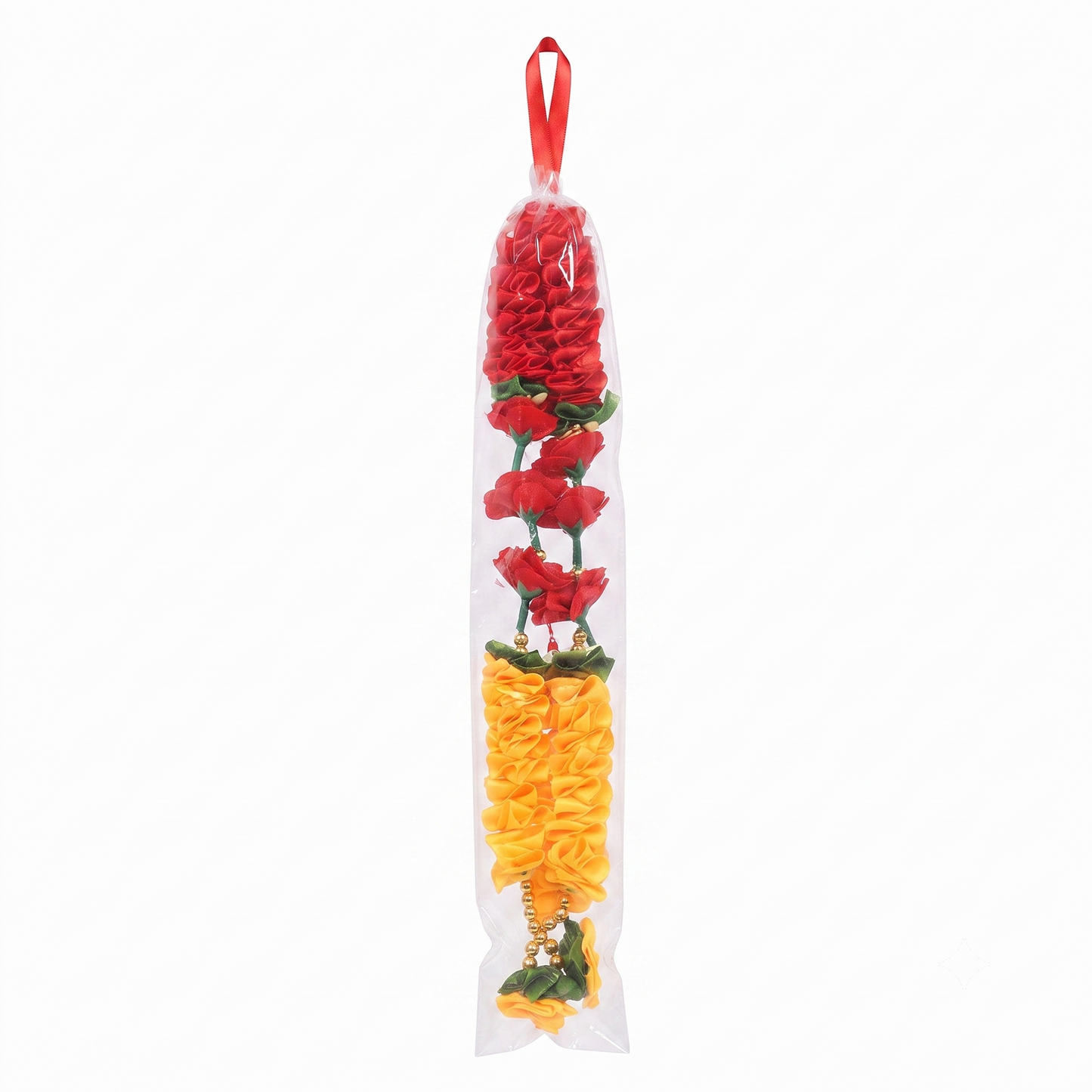 Traditional Red and Orange Fabric Flower Mala with Golden Accents for Home & Pooja Décor