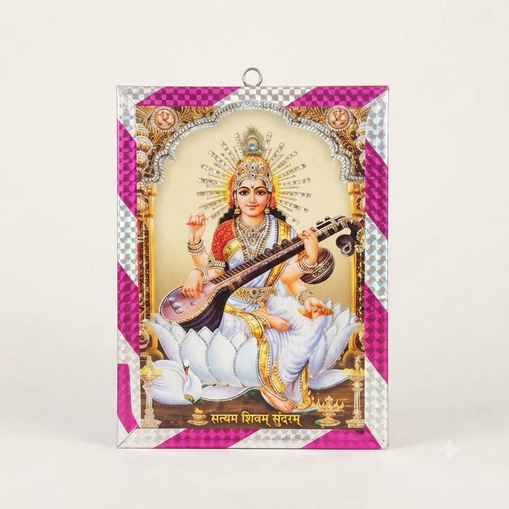 Goddess Saraswati Wall Frame – Divine Maa Saraswati Photo Frame with Veena for Home Temple