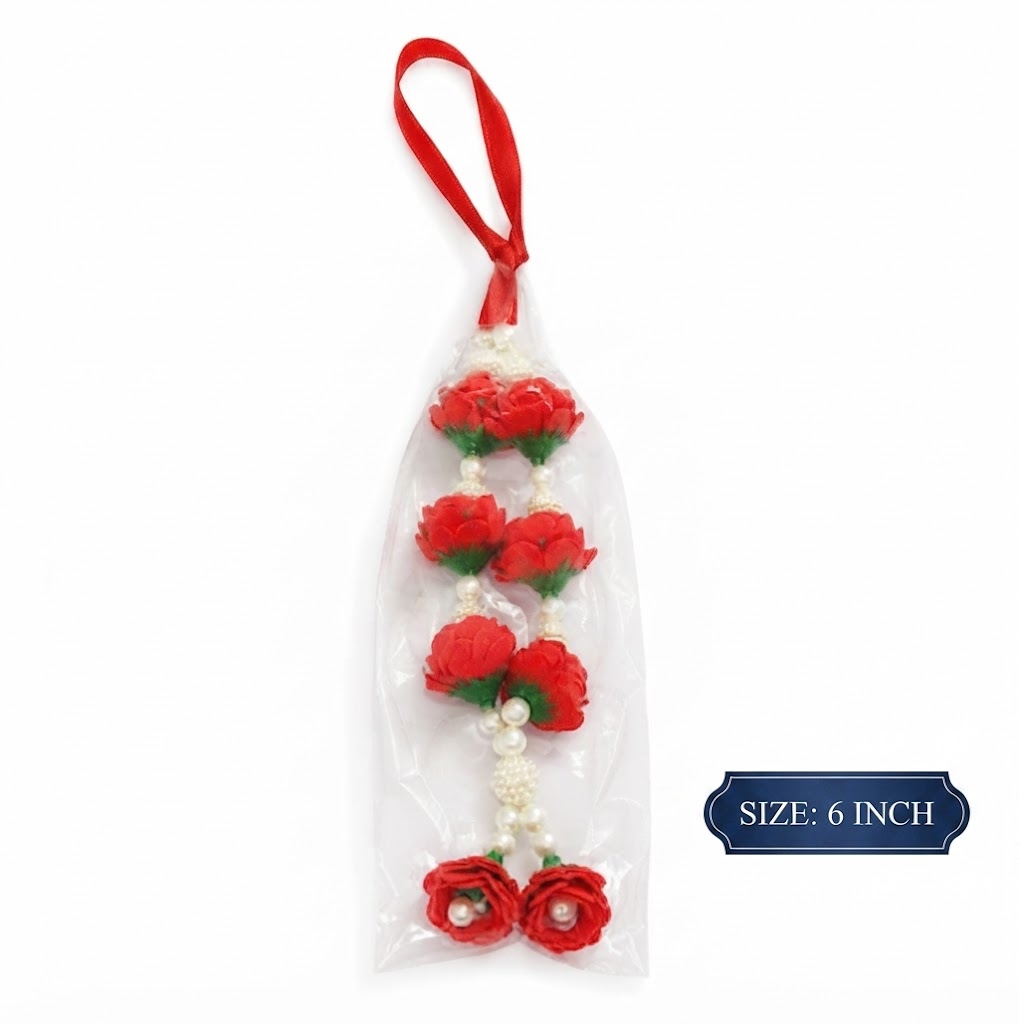 Red Flower Decorative Hanging Mala with Pearl Beads (6inch)