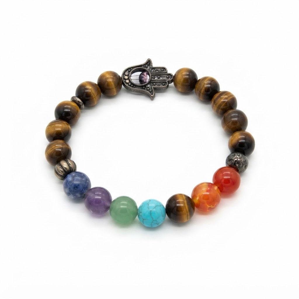 Healing Bracelet – Gemstone Energy Balancing Bracelet with Hamsa Hand Charm 7 Chakras