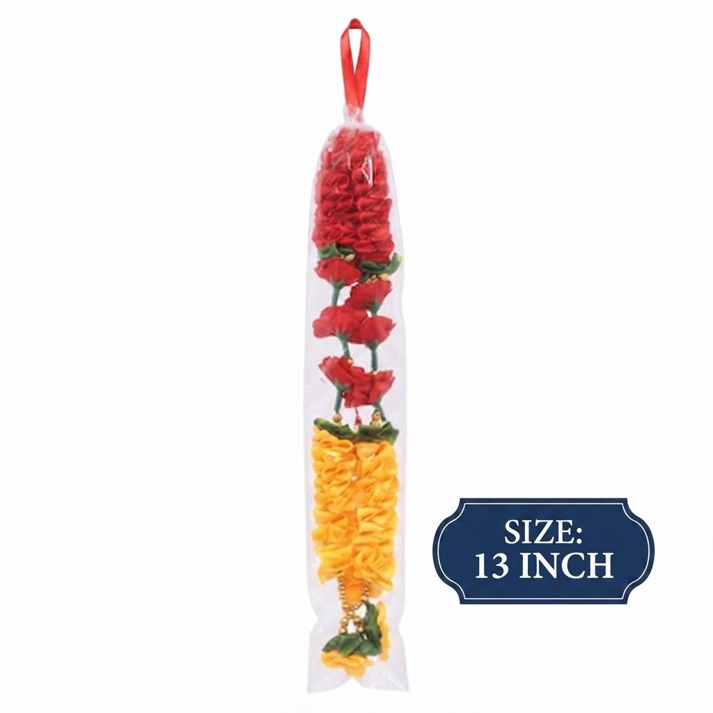 Traditional Red and Orange Fabric Flower Mala with Golden Accents for Home & Pooja Décor (13inch)