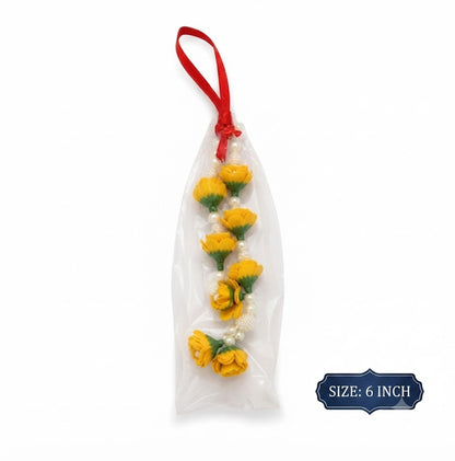 Yellow Flower Decorative Hanging Mala with Pearl Beads (6inch)