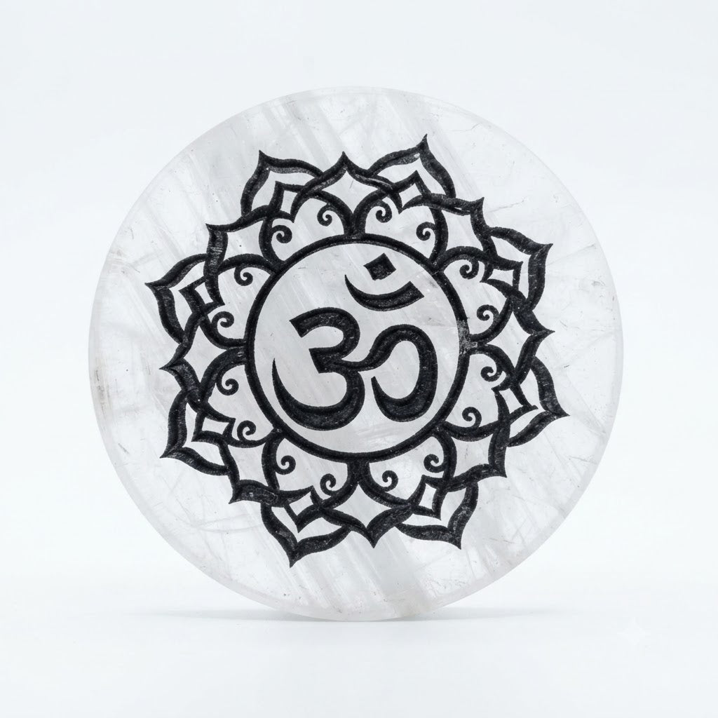 Natural Selenite Charging Plate – Sacred Om & Lotus Engraved Round Crystal Plate for Energy Cleansing