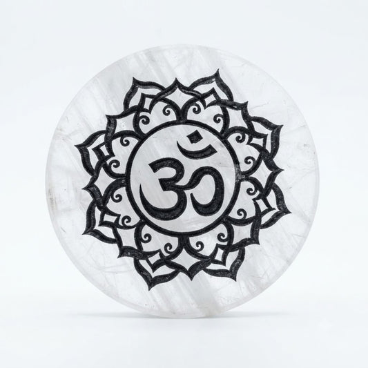 Natural Selenite Charging Plate – Sacred Om & Lotus Engraved Round Crystal Plate for Energy Cleansing