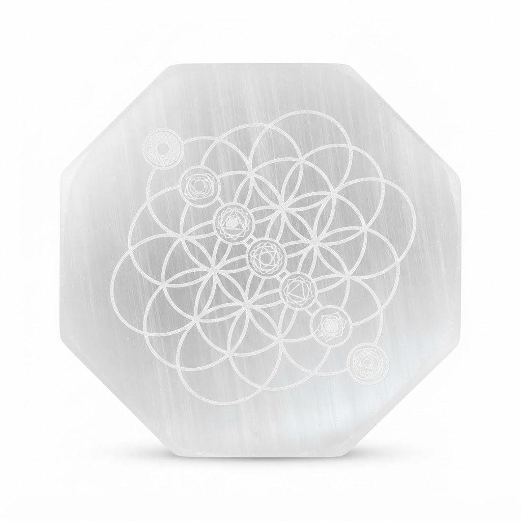 Natural Selenite Charging Plate – Sacred Flower of Life & Chakras Engraved Octagon Crystal Plate