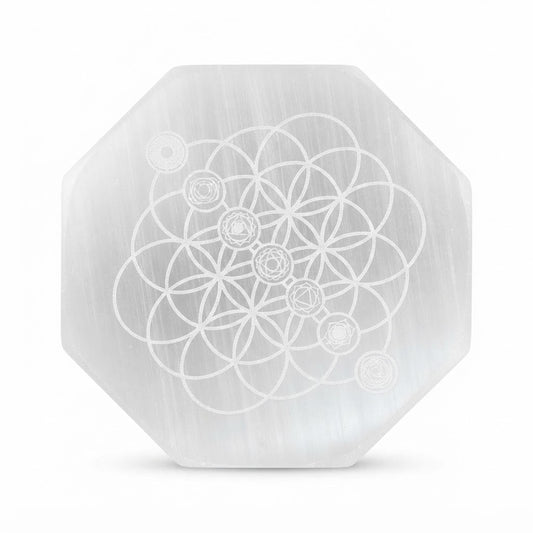 Natural Selenite Charging Plate – Sacred Flower of Life & Chakras Engraved Octagon Crystal Plate