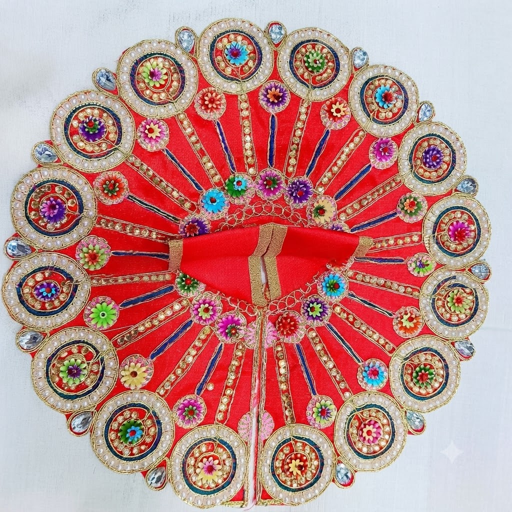 Handcrafted Braj Shringar Red Gopal Poshak with Round Shiny Embellished Border