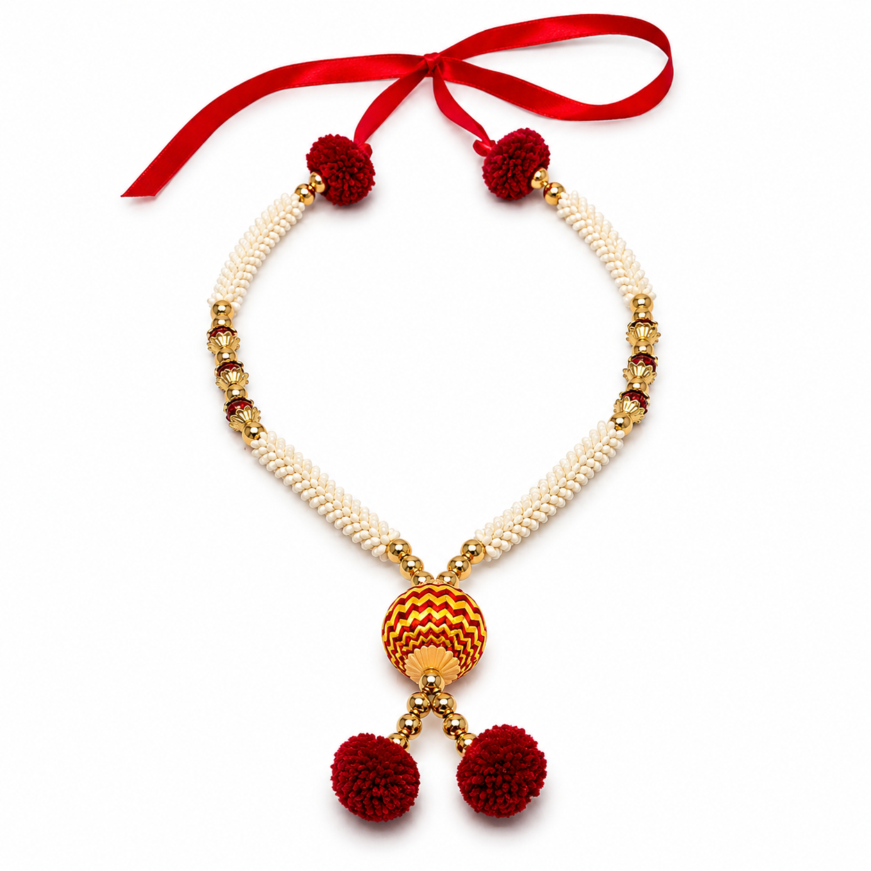 White Beaded Decorative Mala with Designer Centerpiece  for Home & Pooja Décor