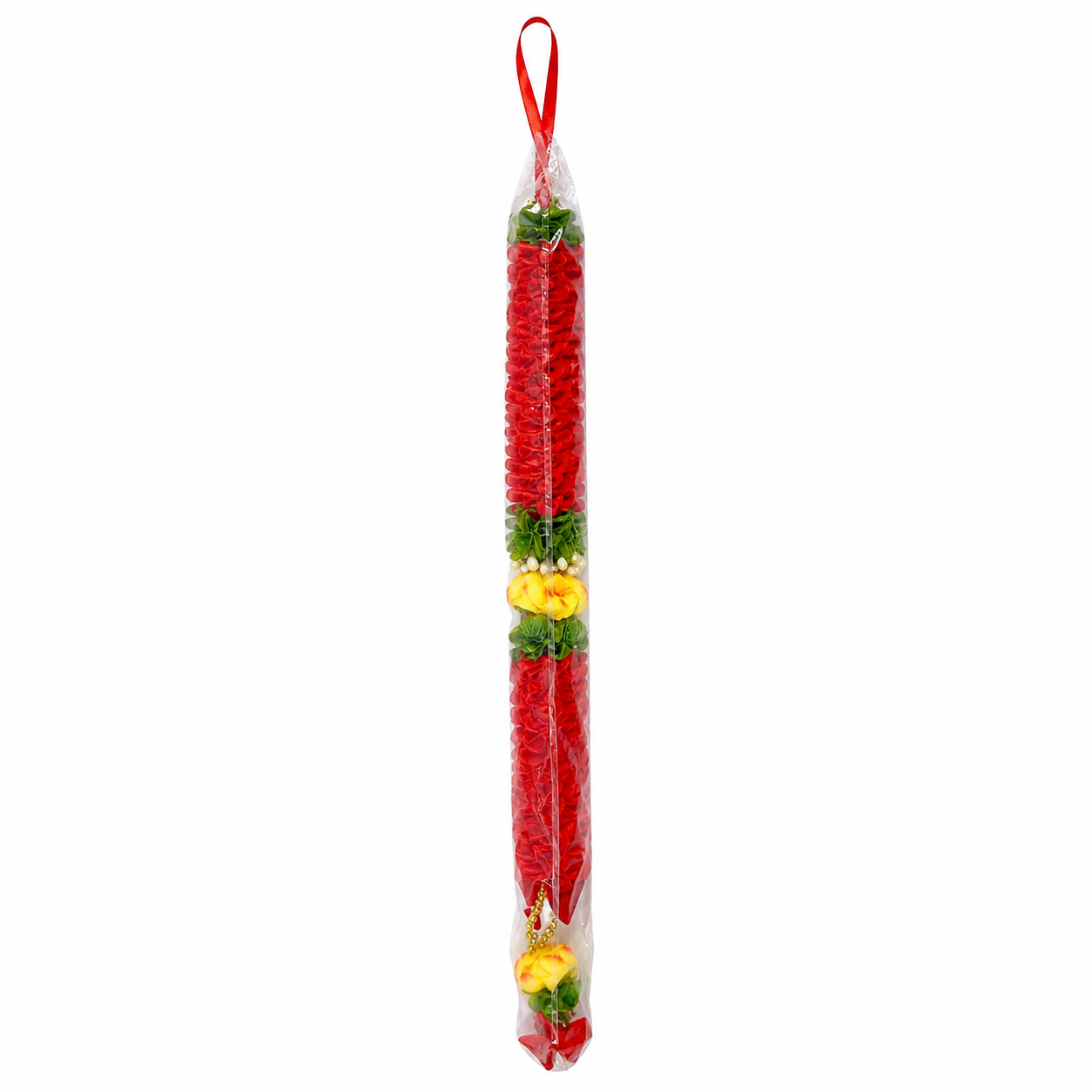 Red Decorative Flower Mala with Yellow Rose Accents for Home, Pooja & Festive Décor