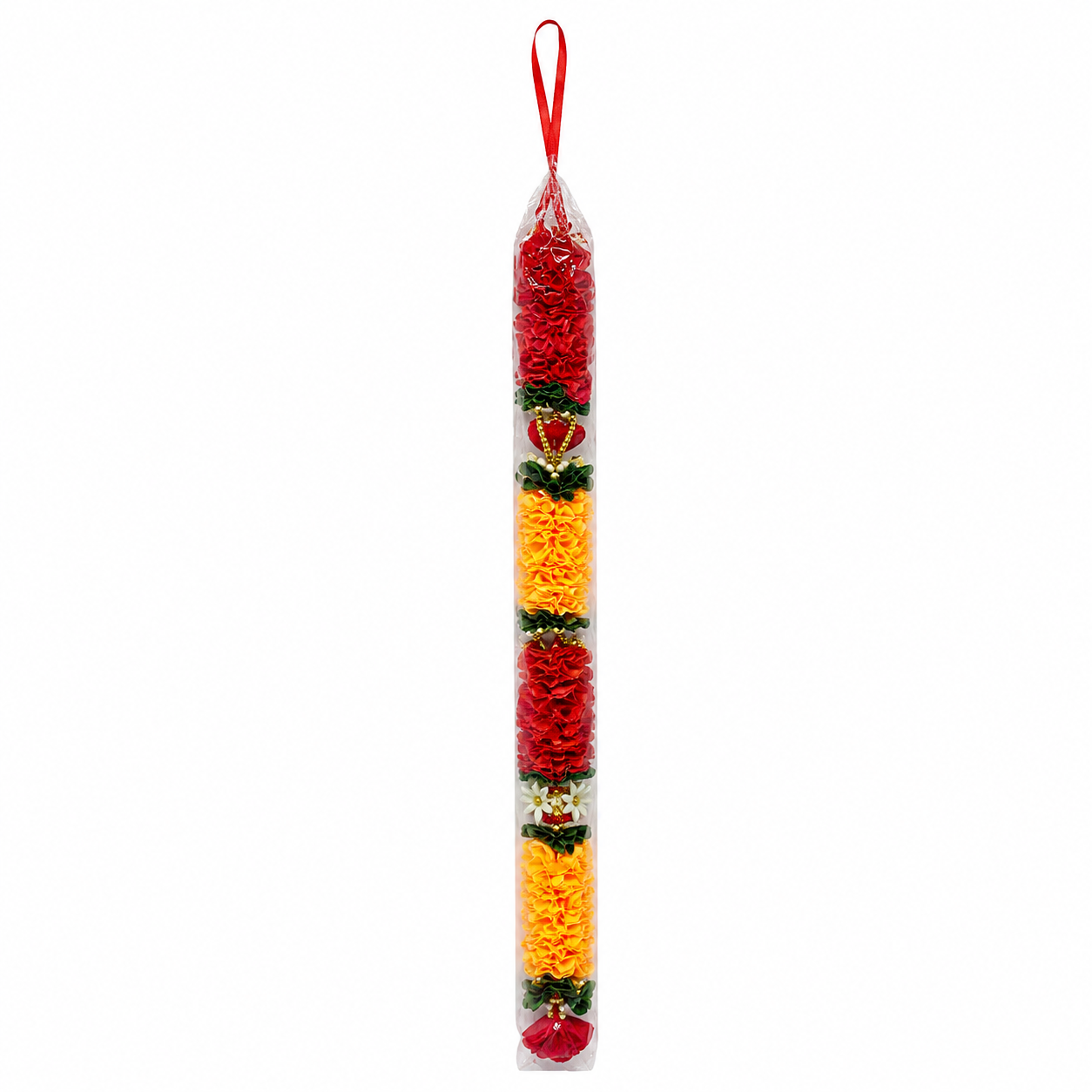 Red & Yellow Decorative Flower Mala with White Floral Accents for Home & Pooja Décor
