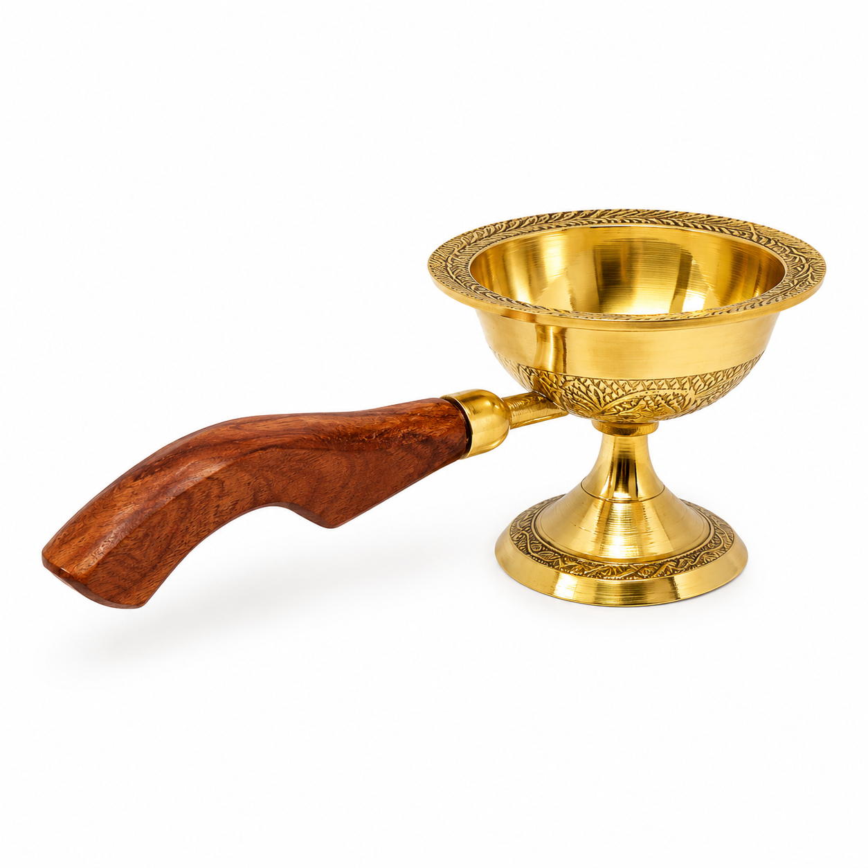 Small Brass Panch Aarti with Wooden Handle