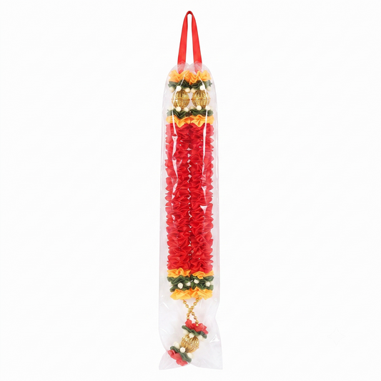 Handmade Traditional Red Fabric Flower Mala with Golden Accents  Pooja Décor