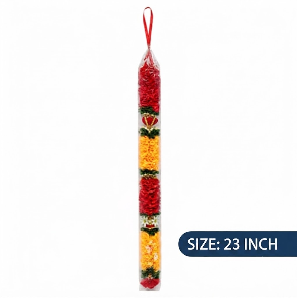 Red & Yellow Decorative Flower Mala with White Floral Accents for Home & Pooja Décor (23inch)