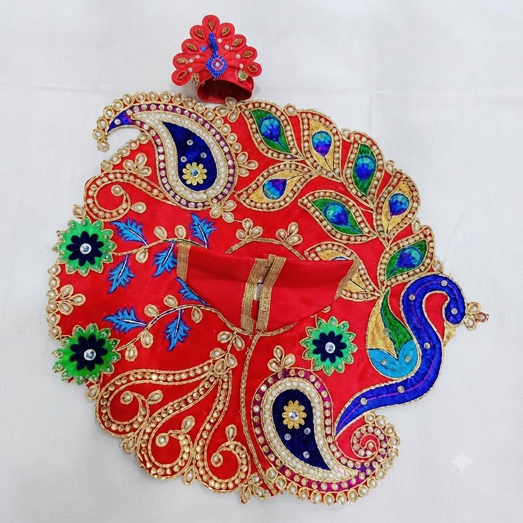 Mayur Ratna Poshak Vrindhavan Red (Red) – Designer Laddu Gopal Dress