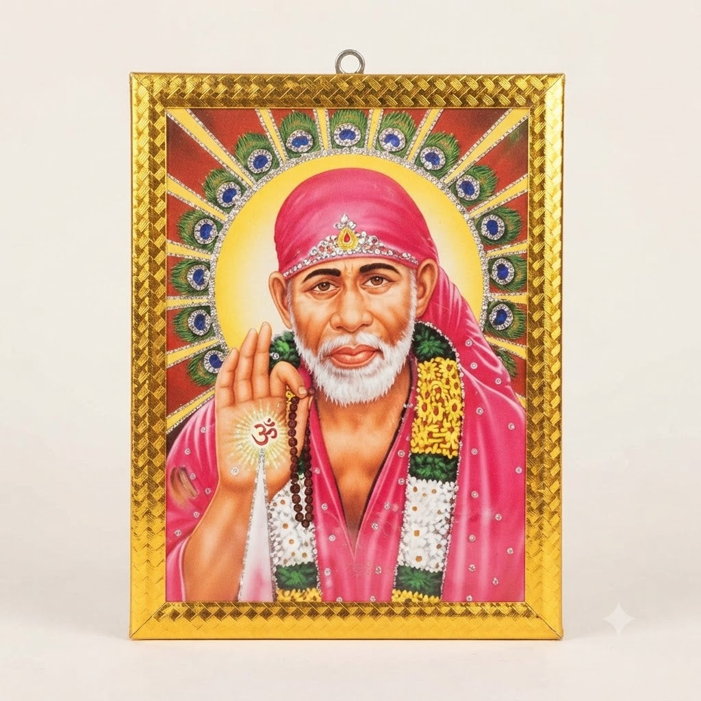 Sai Baba Wall Frame – Divine Shirdi Sai Baba Photo Frame with Peacock Feather Aura for Home Temple