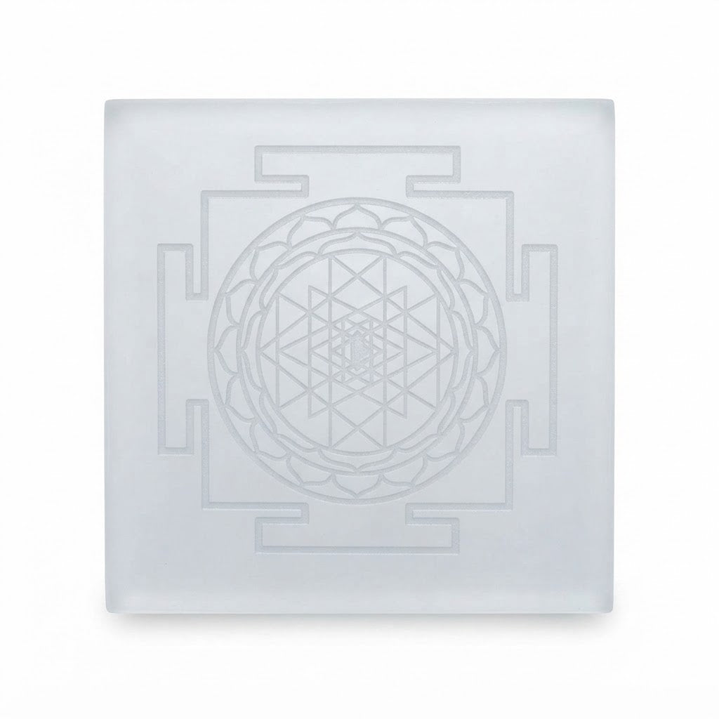 Natural Selenite Charging Plate – Sacred Sri Yantra Engraved Crystal Plate for Energy Cleansing & Meditation