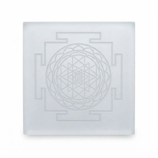 Natural Selenite Charging Plate – Sacred Sri Yantra Engraved Crystal Plate for Energy Cleansing & Meditation