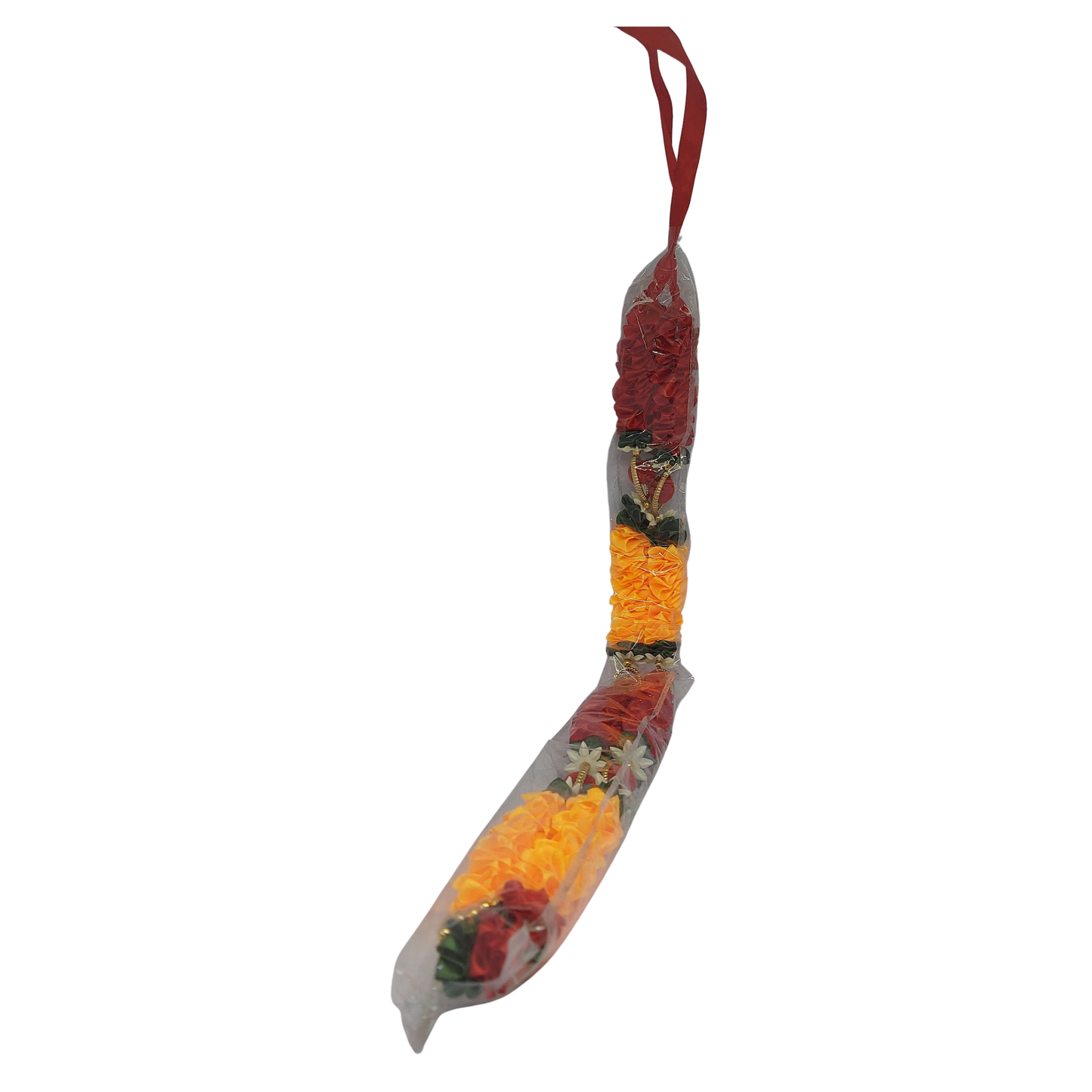 Red & Yellow Decorative Flower Mala with White Floral Accents for Home & Pooja Décor