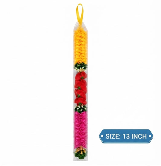 Orange, Red & Pink Decorative Flower Mala with White Floral Accents for Home, Pooja & Festive Décor (13inch)